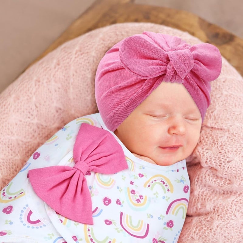 Cinaci 2 Pack Adjustable Soft Cotton Blend Newborn Baby Receiving Swaddle Blankets Sleep Sacks with Big Bow Hats Caps Beanies Bonnets for Baby Girls Newborns Infants (White Hot Pink+Hot Pink) - Image 5