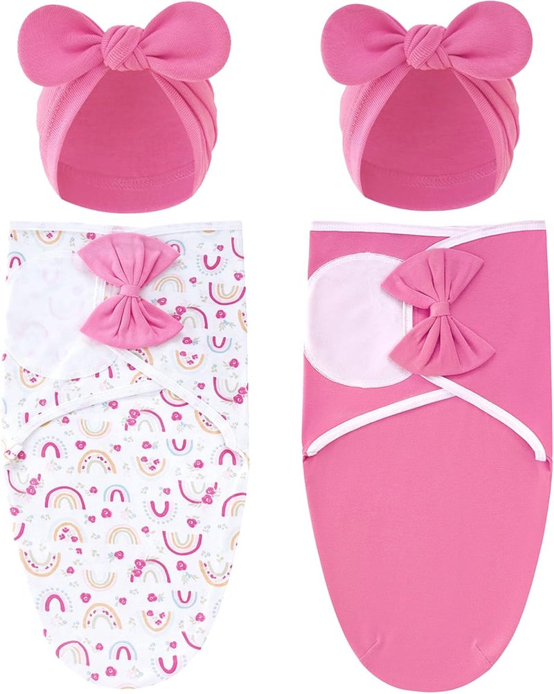 Cinaci 2 Pack Adjustable Soft Cotton Blend Newborn Baby Receiving Swaddle Blankets Sleep Sacks with Big Bow Hats Caps Beanies Bonnets for Baby Girls Newborns Infants (White Hot Pink+Hot Pink) - Image 1