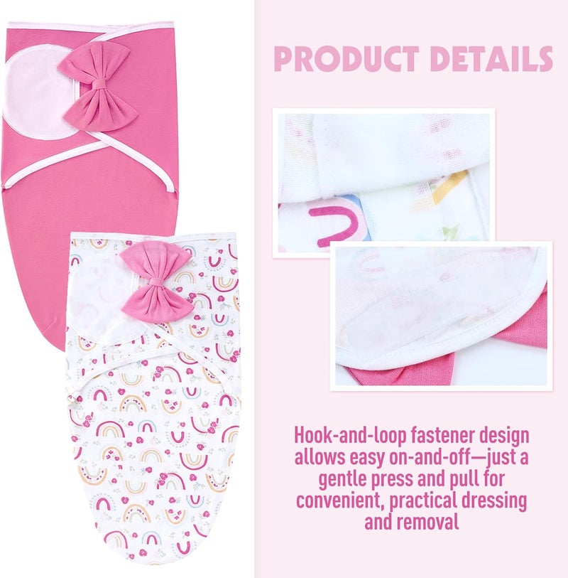 Cinaci 2 Pack Adjustable Soft Cotton Blend Newborn Baby Receiving Swaddle Blankets Sleep Sacks with Big Bow Hats Caps Beanies Bonnets for Baby Girls Newborns Infants (White Hot Pink+Hot Pink) - Image 4