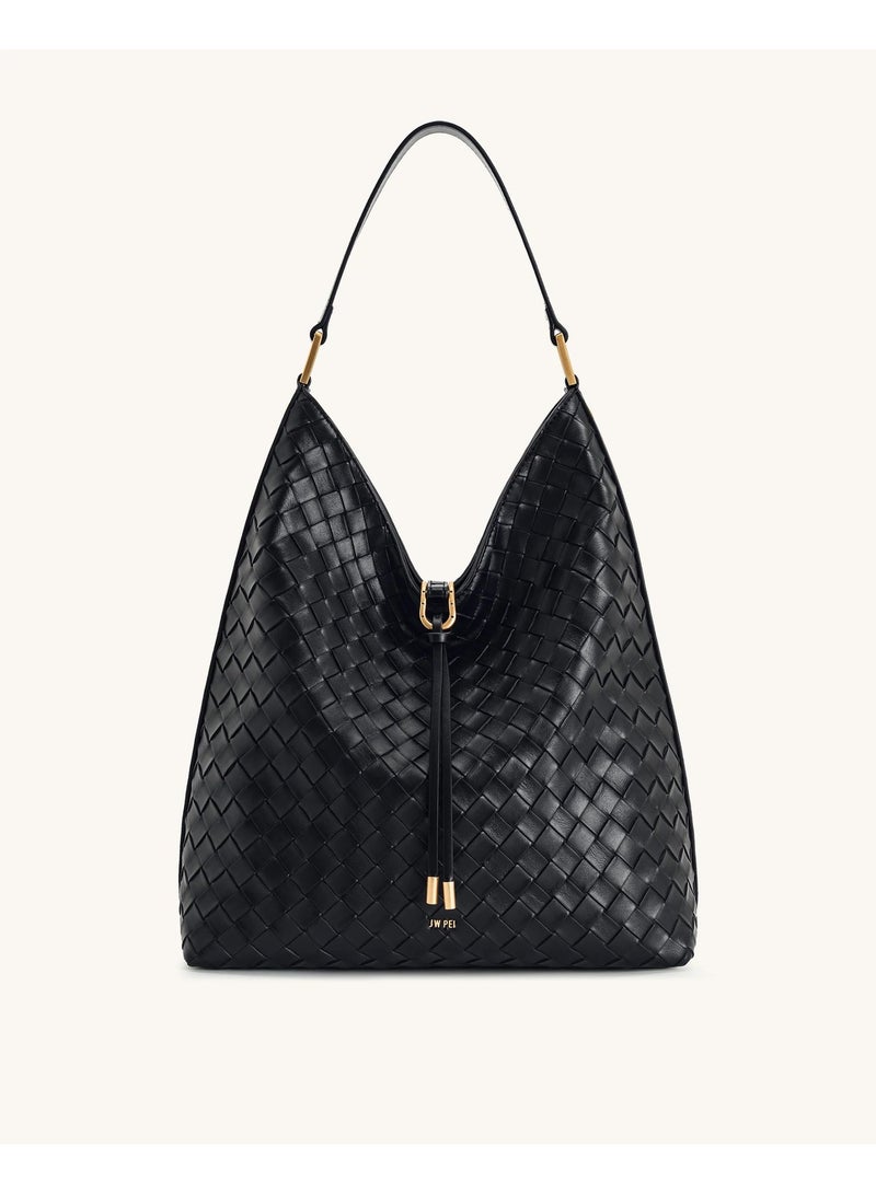 جي دبليو بي حقيبة توت JW PEI ذات سعة كبيرة، حقيبة كتف عابرة بتصميم أريا المنسوج - لون أسود منسوج - Image 1