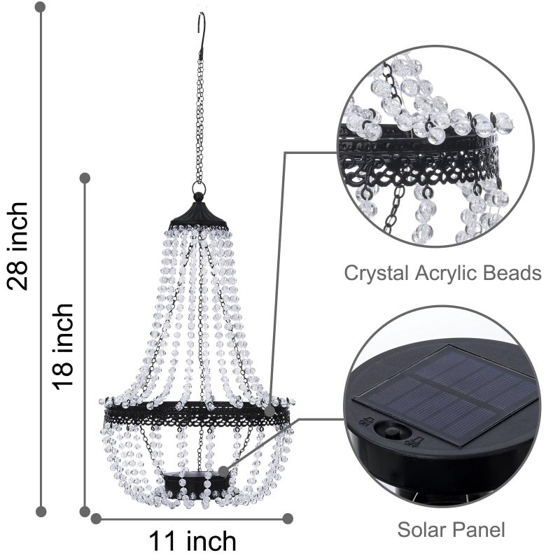 LEWIS&WAYNE Hanging Solar Chandelier Outdoor, 30 Cool White Lights Acrylic Clear Beaded Chandelier with S Hooks Modern Lantern for Garden Yard Patio Gazebo Decorations, 28â€H - Image 3