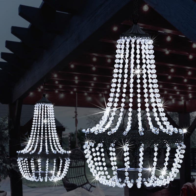 LEWIS&WAYNE Hanging Solar Chandelier Outdoor, 30 Cool White Lights Acrylic Clear Beaded Chandelier with S Hooks Modern Lantern for Garden Yard Patio Gazebo Decorations, 28â€H - Image 1