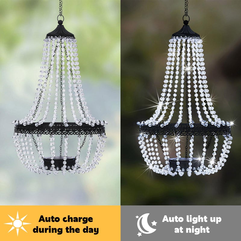LEWIS&WAYNE Hanging Solar Chandelier Outdoor, 30 Cool White Lights Acrylic Clear Beaded Chandelier with S Hooks Modern Lantern for Garden Yard Patio Gazebo Decorations, 28â€H - Image 4