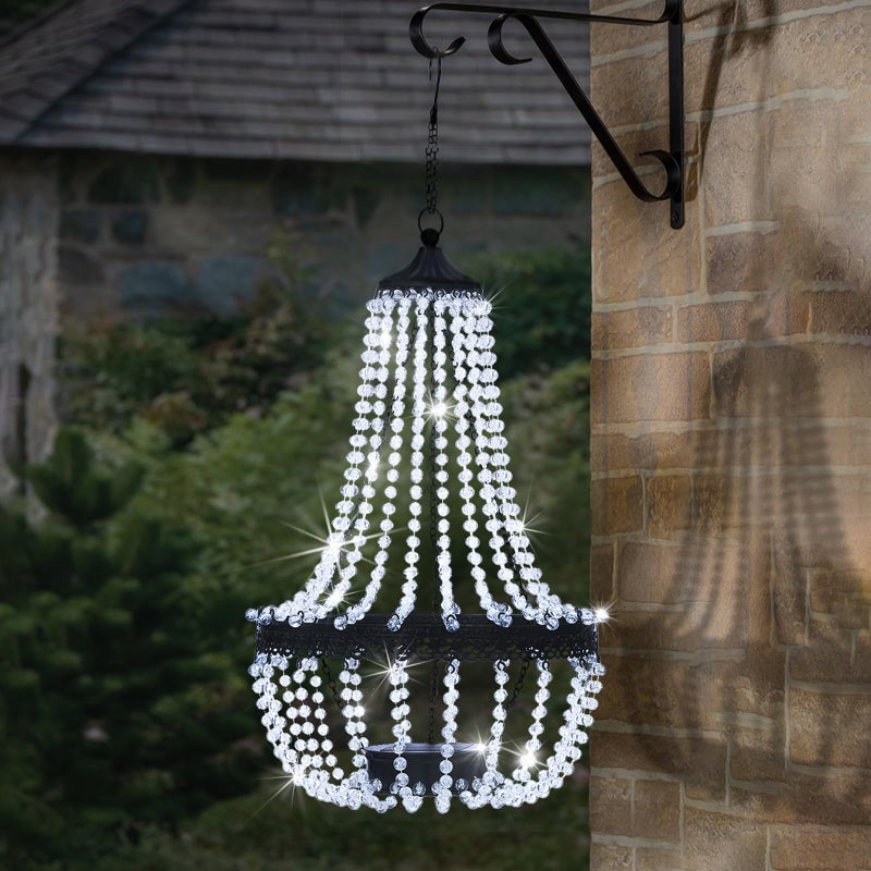 LEWIS&WAYNE Hanging Solar Chandelier Outdoor, 30 Cool White Lights Acrylic Clear Beaded Chandelier with S Hooks Modern Lantern for Garden Yard Patio Gazebo Decorations, 28â€H - Image 5