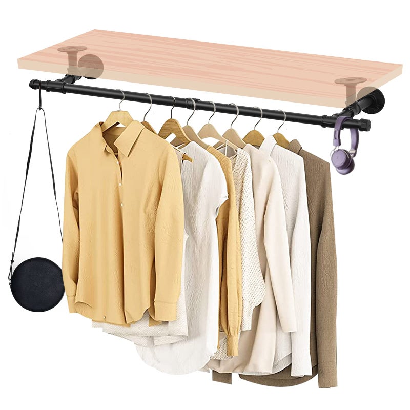 Fobule 48 Wall Mounted Clothes Rack Iron Industrial Pipe Clothes Rod with Top Shelf Pipe Rack Wood Plank Not Included