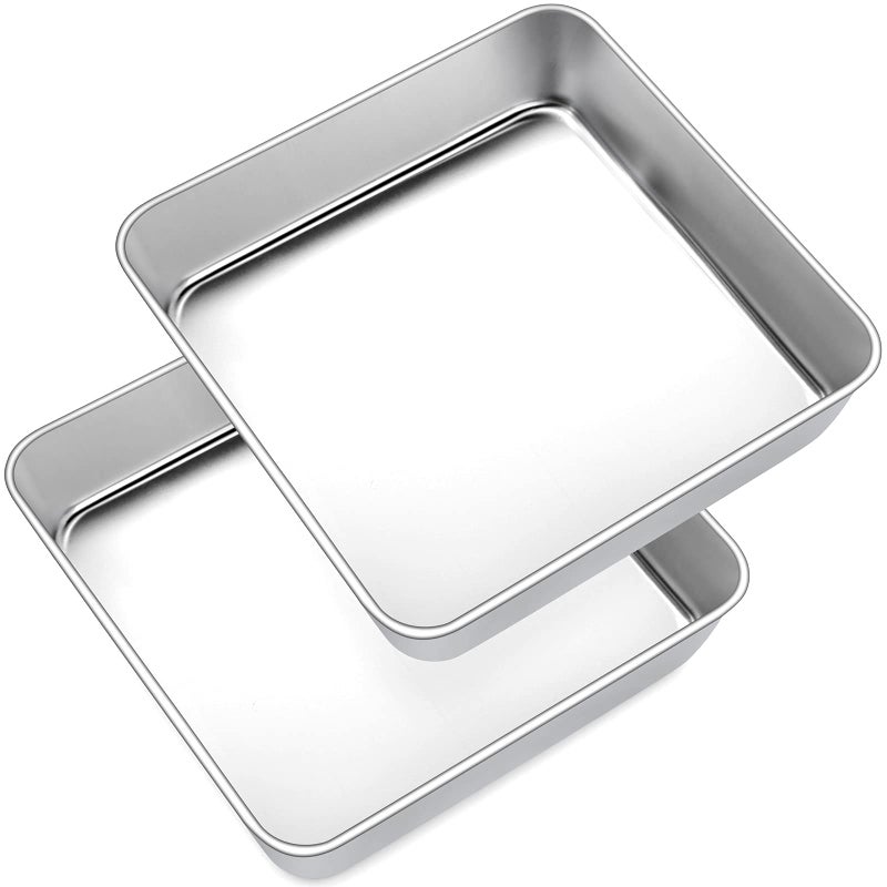 Joyfair Cake Tin Set of 2 8 inch Stainless Steel Square Baking TinSmall Roasting Pan Cake Mould for Birthday Christmas Brownie Lasagna Bakeware Healthy Matte Finished  Dishwasher Safe 21 cm