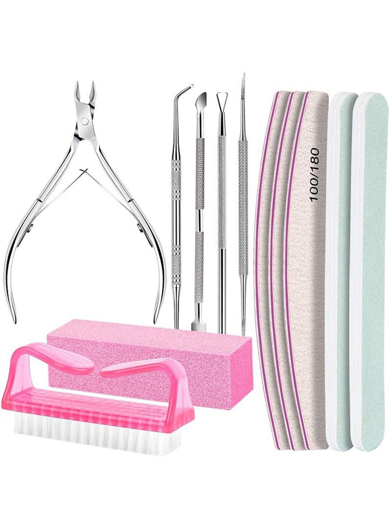 12 Piece Manicure Set, Nail Tools, Files 100/180, Buffer Block, Cuticle Nippers, Pusher, Peeler, Lifter for Ingrown Toenails, Toenail File, Care Kit, Pink. - Image 1