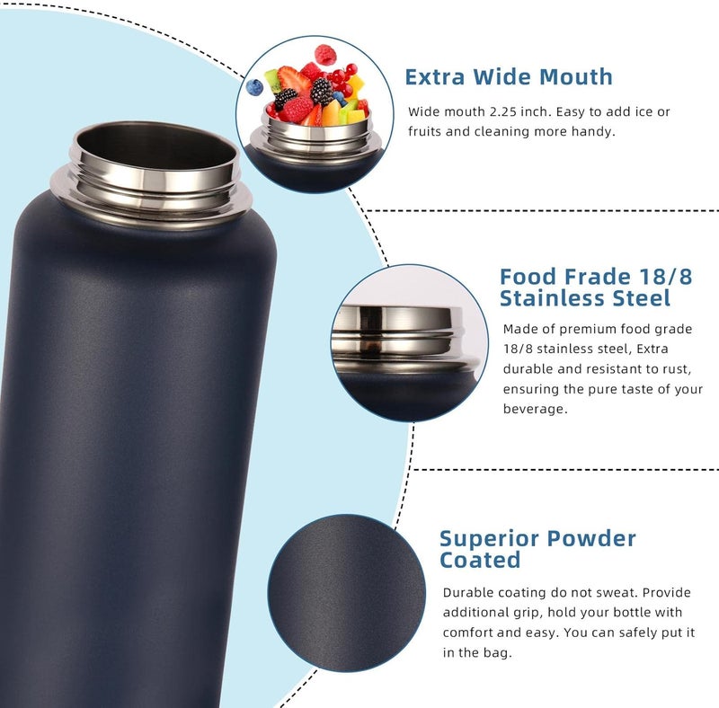 Volhoply Insulated Water Bottles Bulk 2 Pack, 40 oz Stainless Steel Bottle with Paracord Handle & Spout Lid, Double Walled Metal Water Cups with Wide Mouth, Reusable Big jug for Adults(Fog,2 Set) - Image 4