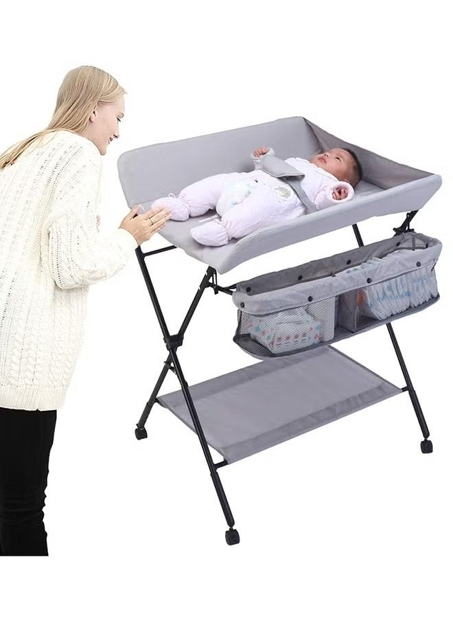 XiuWoo Multi-function Folding Baby Care Desk Diaper Mat Nursery Changing Table Adjustable Baby Care Desk With Wheels With Safety Belt Storage Basket Hanging Rack,Grey  - Image 1