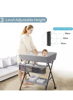 XiuWoo Multi-function Folding Baby Care Desk Diaper Mat Nursery Changing Table Adjustable Baby Care Desk With Wheels With Safety Belt Storage Basket Hanging Rack,Grey  - Image 4