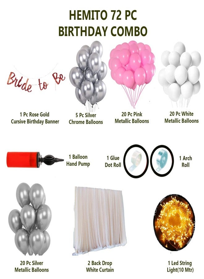 Hemito Bride To Be Decoration Set Combo/bachelorette party decoration 72 Pcs Bride To Be Decoration White Net Curtains LED Metallic Balloons For Cabana Tent Decoration (Pink Silver White Curtain) - Image 2