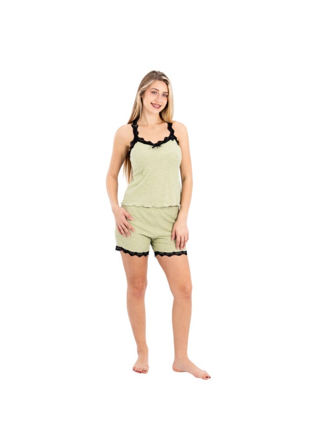 zecotex  Women's 2-Piece Ribbed Cotton Pajama Set - Lace-Trimmed Cami Top & Shorts - Pale Lime. - Image 1