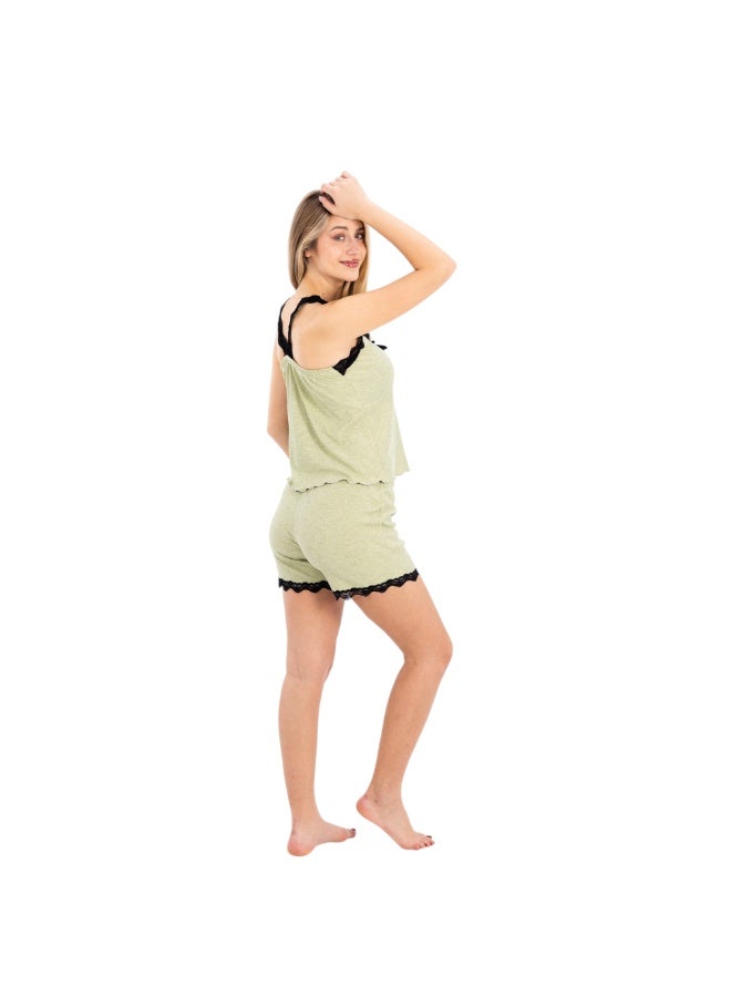 zecotex  Women's 2-Piece Ribbed Cotton Pajama Set - Lace-Trimmed Cami Top & Shorts - Pale Lime. - Image 5