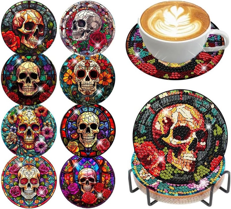 croshom 8 Pcs Diamond Painting Coasters,Skull Diamond Painting Kits,Skull Diamond Art Coasters,5D DIY Full Drill Diamond Dots,Diamond Art Kits for Adults Arts and Crafts Supplies - Image 1