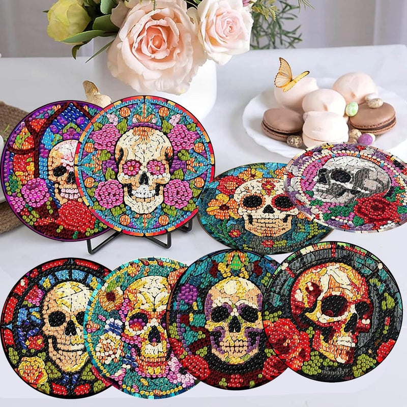 croshom 8 Pcs Diamond Painting Coasters,Skull Diamond Painting Kits,Skull Diamond Art Coasters,5D DIY Full Drill Diamond Dots,Diamond Art Kits for Adults Arts and Crafts Supplies - Image 2