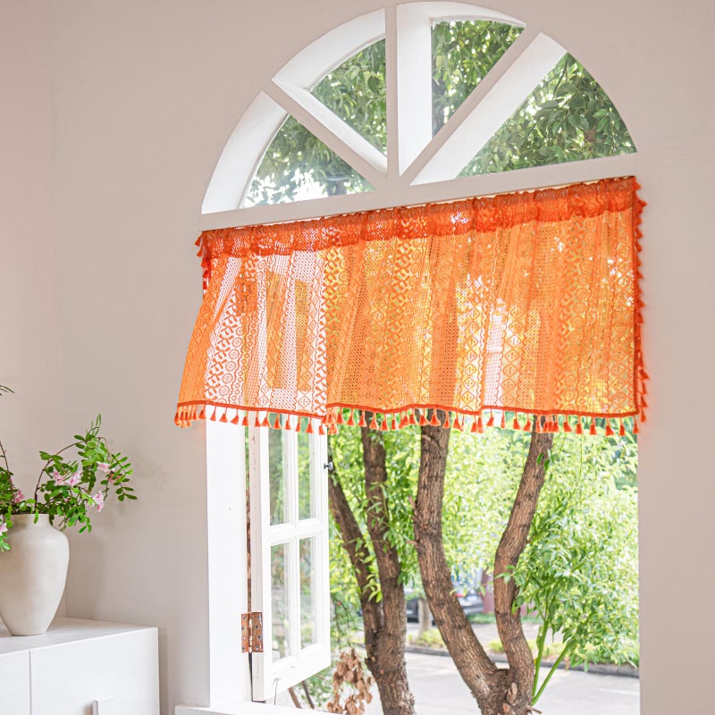 Deeprove Orange Boho Curtain Valance 18 Inch Length for Kitchen Cafe, Short Bohemian Sheer Lace Crochet Curtain Knitting Tassel for Dinning Room, Vintage Chic Fall Halloween Decor W59 x L18, 1 Panel - Image 1