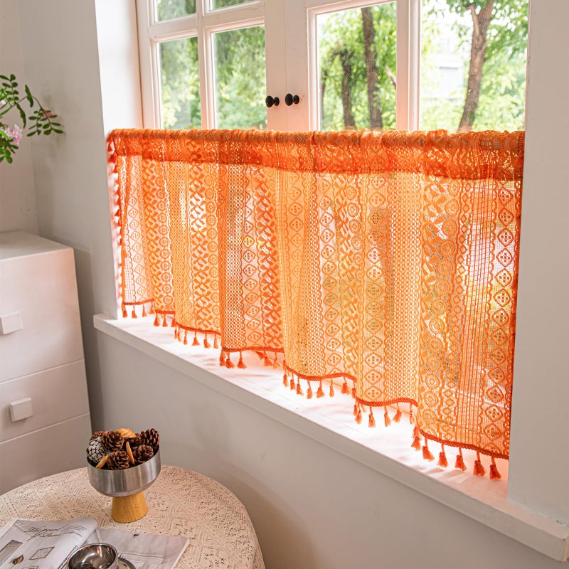 Deeprove Orange Boho Curtain Valance 18 Inch Length for Kitchen Cafe, Short Bohemian Sheer Lace Crochet Curtain Knitting Tassel for Dinning Room, Vintage Chic Fall Halloween Decor W59 x L18, 1 Panel - Image 2
