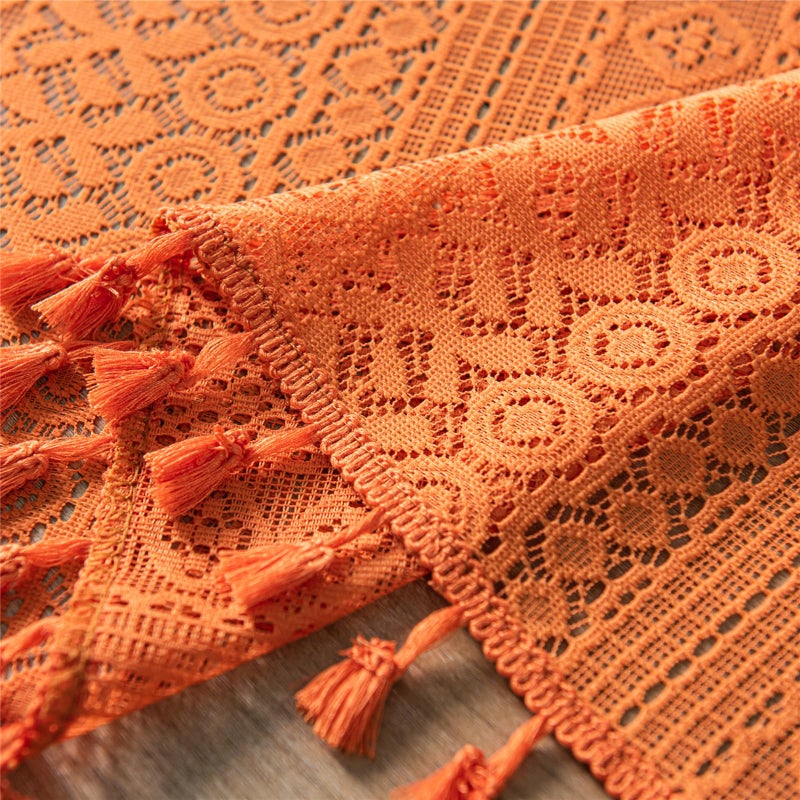 Deeprove Orange Boho Curtain Valance 18 Inch Length for Kitchen Cafe, Short Bohemian Sheer Lace Crochet Curtain Knitting Tassel for Dinning Room, Vintage Chic Fall Halloween Decor W59 x L18, 1 Panel - Image 3