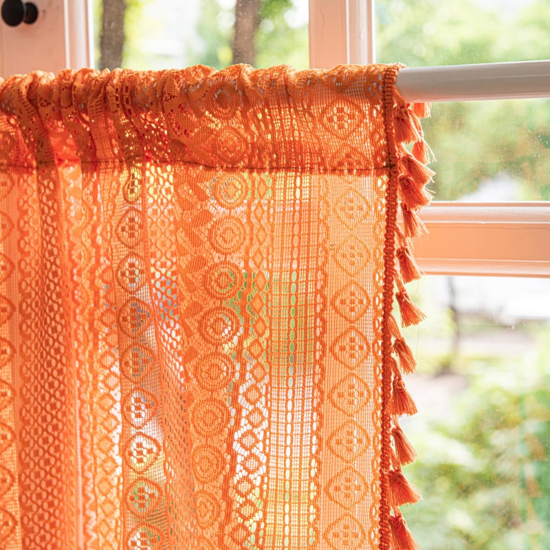 Deeprove Orange Boho Curtain Valance 18 Inch Length for Kitchen Cafe, Short Bohemian Sheer Lace Crochet Curtain Knitting Tassel for Dinning Room, Vintage Chic Fall Halloween Decor W59 x L18, 1 Panel - Image 5