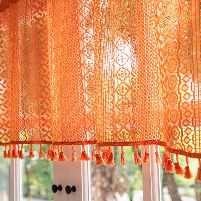 Deeprove Orange Boho Curtain Valance 18 Inch Length for Kitchen Cafe, Short Bohemian Sheer Lace Crochet Curtain Knitting Tassel for Dinning Room, Vintage Chic Fall Halloween Decor W59 x L18, 1 Panel - Image 4