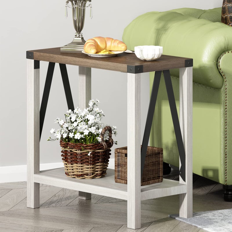 ChooChoo Farmhouse End Table for Small Spaces Narrow Side End Table with Storage Shelf Rustic ADesign Nightstand Sofa Table for Living Room Bedroom White  Brown