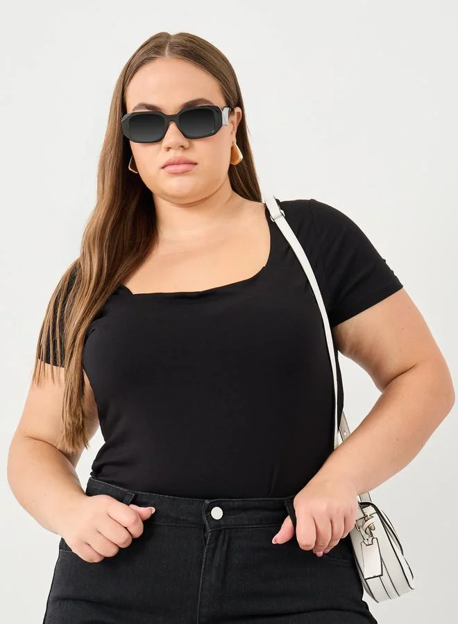 Styli Styli Plus Black Fitted T-Shirt with Square Neck