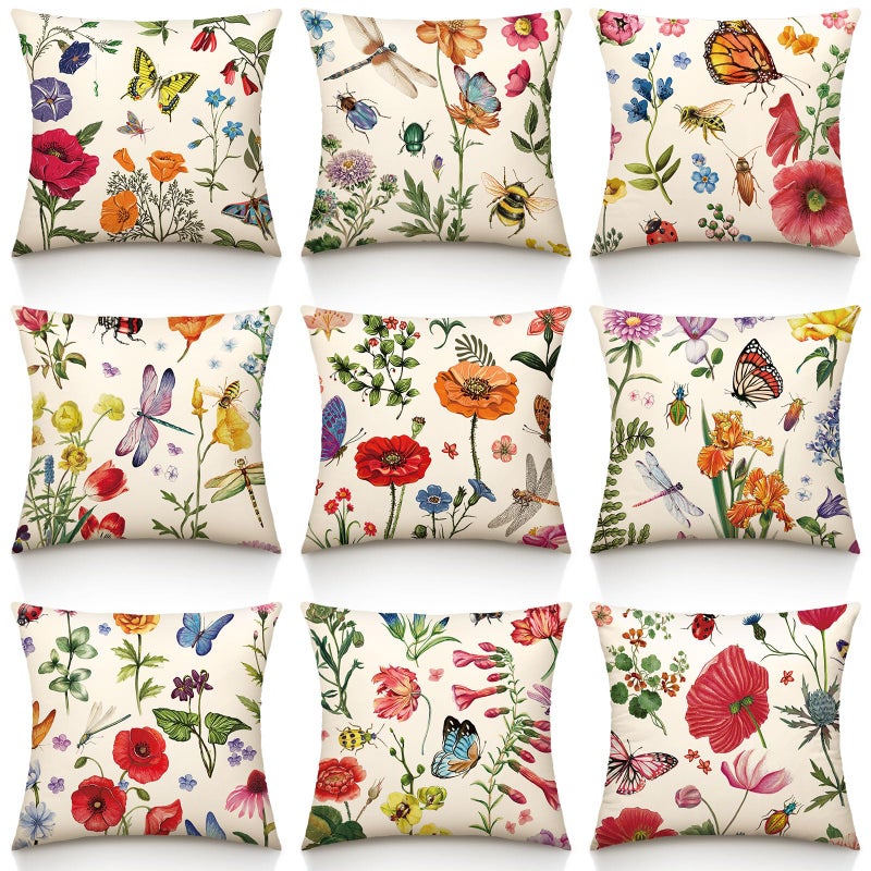 Mindsoft 9 PCS في الهواء الطلق الفناء في الهواء الطلق أغطية وسادة رمي الأزهار البرية 18 × 18 حديقة الصيف الأزهار وسادة الأغطية ديكور المزرعة لأثاث مقعد كرسي تغطية وسادة تزيين - Image 1