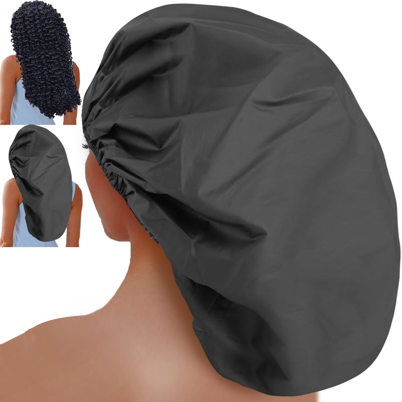 Sheomern 3 Pcs Super Jumbo Adjustable Satin Lined Shower Caps for Long Hair & Braids, Extra Large Shower Cap for Women & Men, Reusable XL with Waterproof Edge for Dreadlocks, Locs (Black) - Image 1