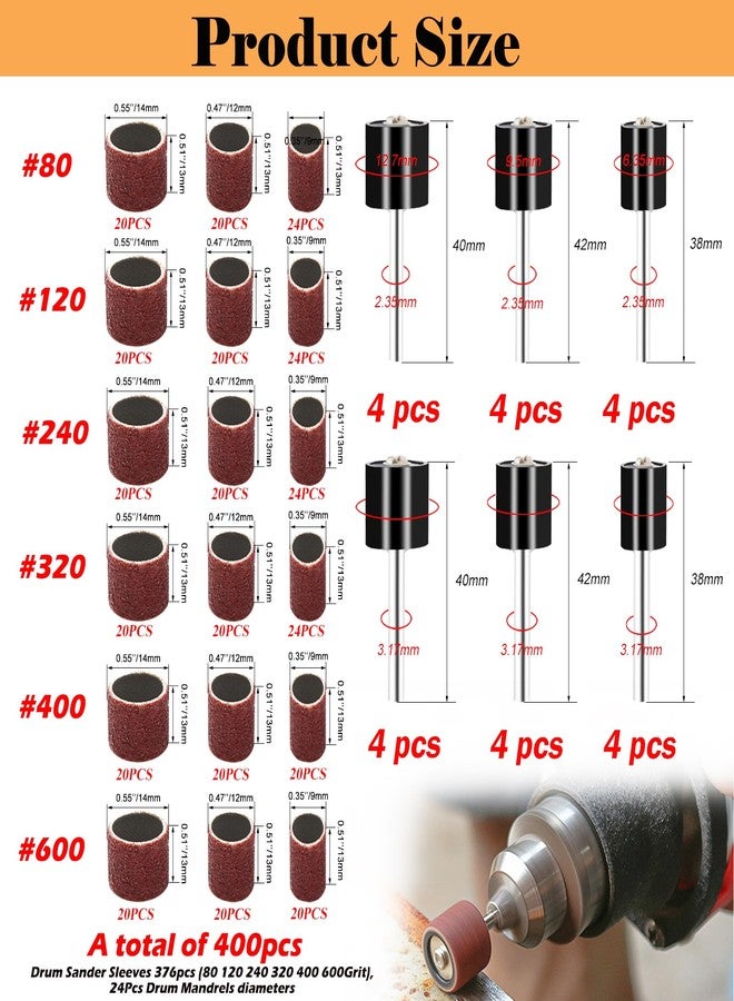 Sunxeke 400 Pieces Sanding Drums Kit,Drum Sander Sleeves 376pcs (80 120 240 320 400 600Grit),24Pcs Drum Mandrels diameters,Sanding Bits Tool Accessories for Dremel Rotary Tool - Image 2