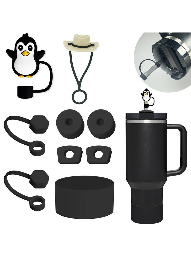 Stanley Cup Accessories Set Including 6 Pcs Silicone Spill Proof Stopper, 2 Pcs Straw Cover Cap for 9-10 mm Straws, 1 Pcs Silicone Boot for Stanley Cup Stanley 40oz & 30oz Tumbler (BLACK)  - Image 1
