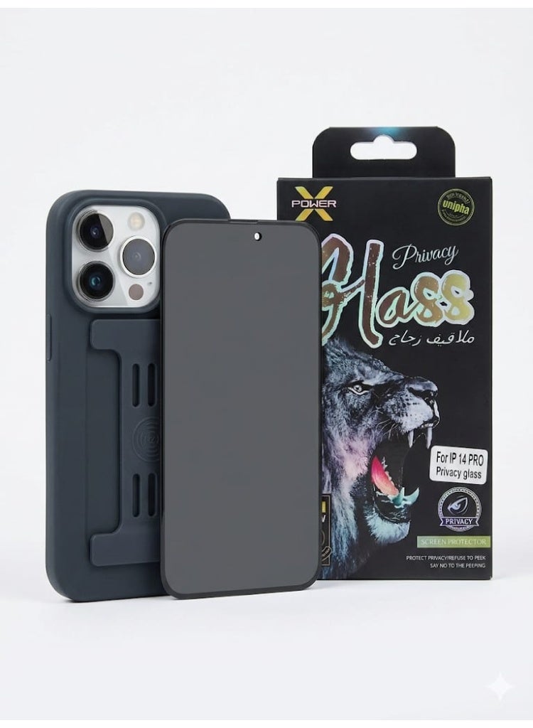 Protective  Case for iPhone 14 Pro with Built in hand grip magnetic support + privacy glass screen protector dark blue