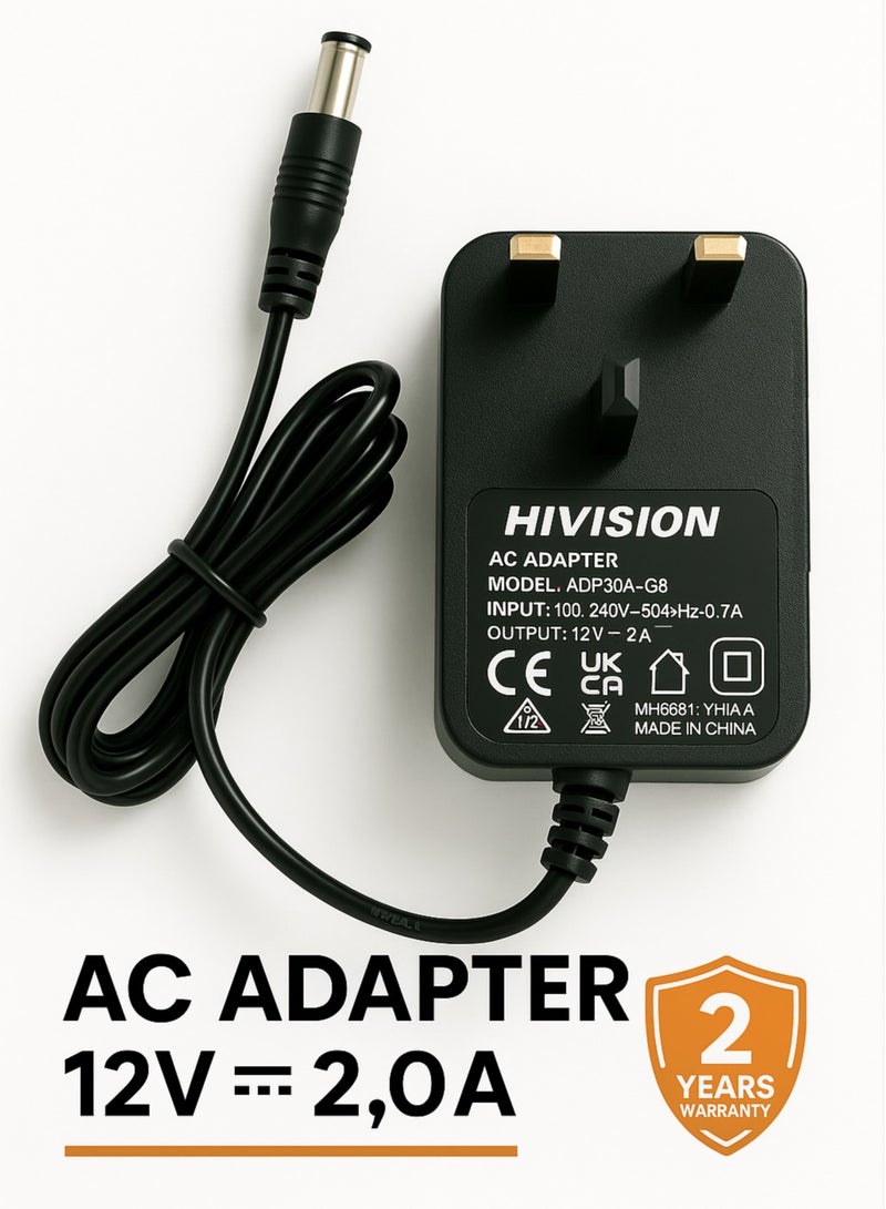 Hivision Universal Power Adapter 12V 2A – AC 100-240V to DC Wall Plug – 1m Cable – UK Plug – Black – For CCTV, LED Strip Lights, Routers and More  - Image 3