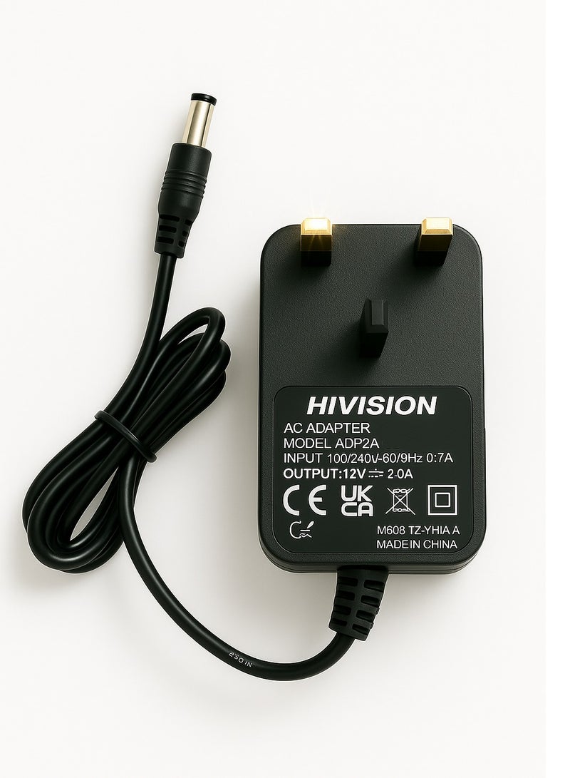 Hivision Universal Power Adapter 12V 2A – AC 100-240V to DC Wall Plug – 1m Cable – UK Plug – Black – For CCTV, LED Strip Lights, Routers and More  - Image 1