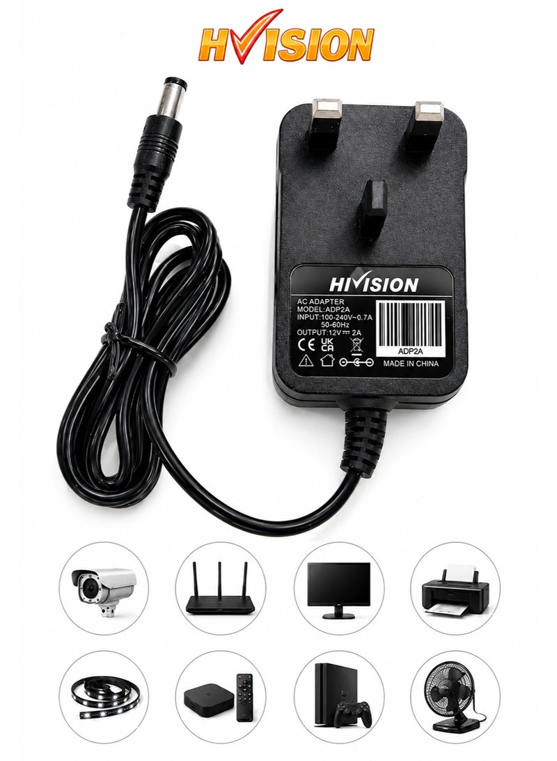 Hivision Universal Power Adapter 12V 2A – AC 100-240V to DC Wall Plug – 1M Cable – UK Plug – Black – For LED Lights, Routers, Monitors & More - Image 1
