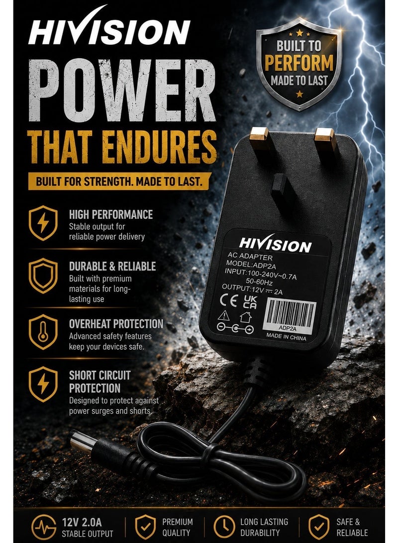 Hivision Universal Power Adapter 12V 2A – AC 100-240V to DC Wall Plug – 1M Cable – UK Plug – Black – For LED Lights, Routers, Monitors & More - Image 4