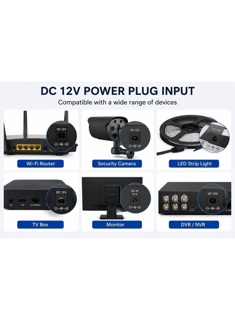 Hivision Universal Power Adapter 12V 2A – AC 100-240V to DC Wall Plug – 1M Cable – UK Plug – Black – For LED Lights, Routers, Monitors & More - Image 2