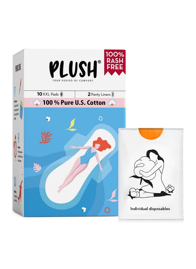 Plush Ultra-Thin Sanitary Pads For Women, 10 Xxl Natural Cotton Sanitary Napkins | Super Absorbent 10 Heavy Flow Xxl + 2 Panty Liners For Rash Free Periods | Pure U.S. Cotton Pads With Disposable Pouch  - Image 1