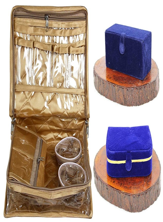 LUCES Combo Golden 2 Bangle Chain Necklace Jewelry Pouch with Blue Ring Earring Box Satin Wardrobe Organizer Jewellery Vanity Box - Image 1