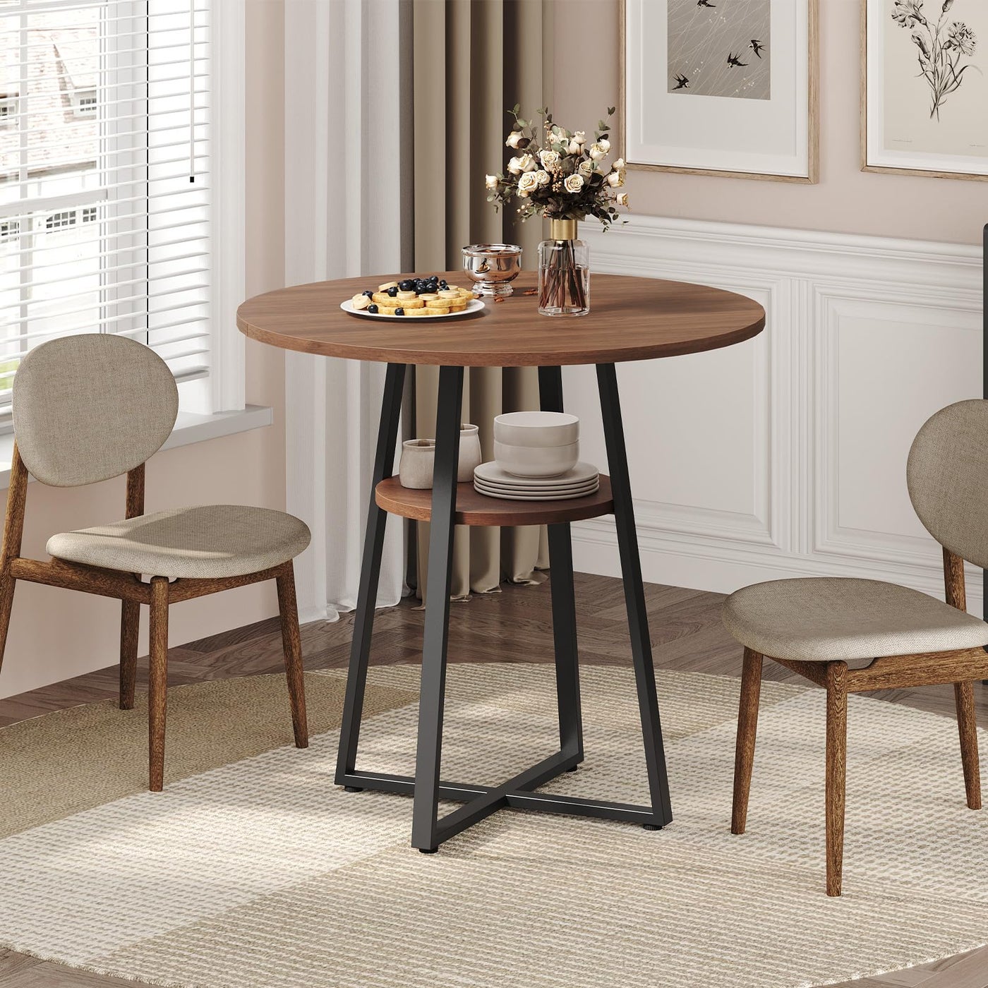 MAHANCRIS 31.5" Round Dining Table for 2-4, Farmhouse Kitchen Table with Storage Shelf, Small Circle Dining Table Space Saving, for Dining Room, Kitchen, Living Room, Rustic Brown and Black DTHR8201