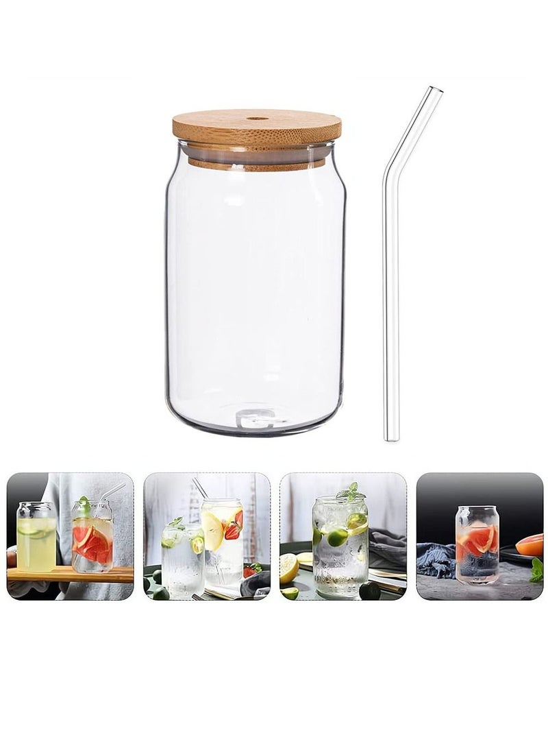 Excefore Glass Cans with Bamboo Cover 500ml Can Shaped Glass Glass Cups Transparent Water Cup Juice Drink Cup Drinking Cups with Straw for Water and Mixed Drink for Any Drink and Any Occasion  - Image 1