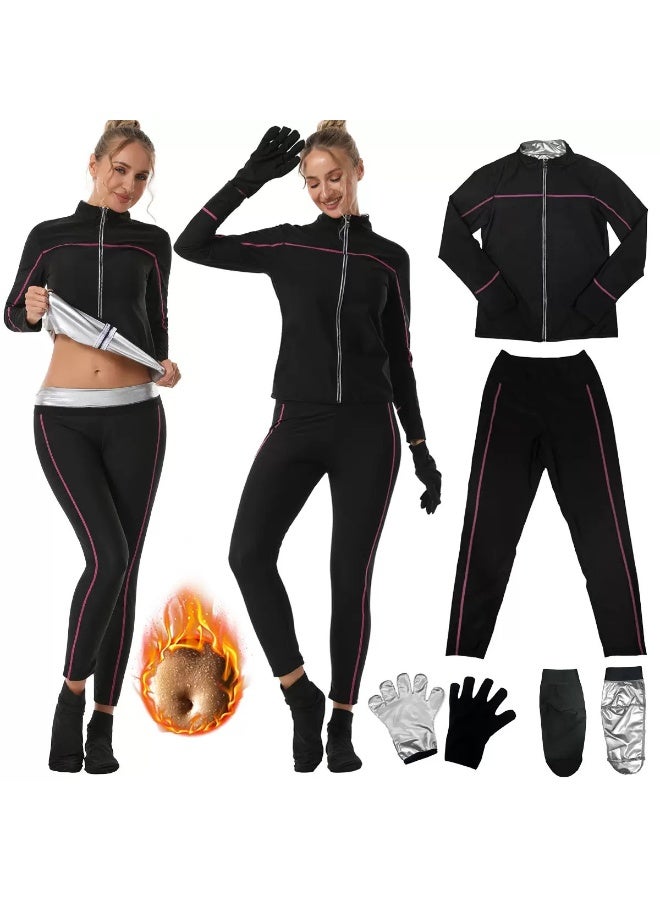 Women Sauna Sweat Suit Set – Zipper Long Sleeve Top & High Waist Shaping Pants with Gloves & Socks, Thermal Workout & Weight Loss Training Suit - Image 1