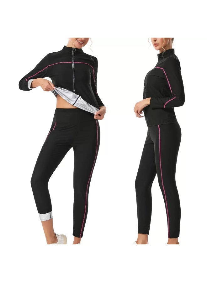Women Sauna Sweat Suit Set – Zipper Long Sleeve Top & High Waist Shaping Pants with Gloves & Socks, Thermal Workout & Weight Loss Training Suit - Image 2