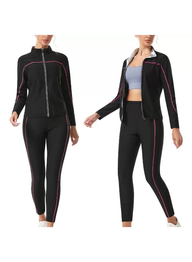 Women Sauna Sweat Suit Set – Zipper Long Sleeve Top & High Waist Shaping Pants with Gloves & Socks, Thermal Workout & Weight Loss Training Suit - Image 3