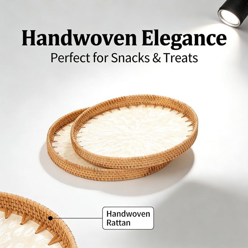 Woven Snack Serving Tray, Handmade Rattan, 30cm and 35cm Round, Traditional Art Style - Decorative Coffee Table Tray, Small Tea Tray, Versatile for Snacks and Fruit (White) - Image 2