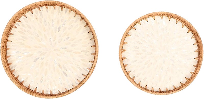 Woven Snack Serving Tray, Handmade Rattan, 30cm and 35cm Round, Traditional Art Style - Decorative Coffee Table Tray, Small Tea Tray, Versatile for Snacks and Fruit (White) - Image 1