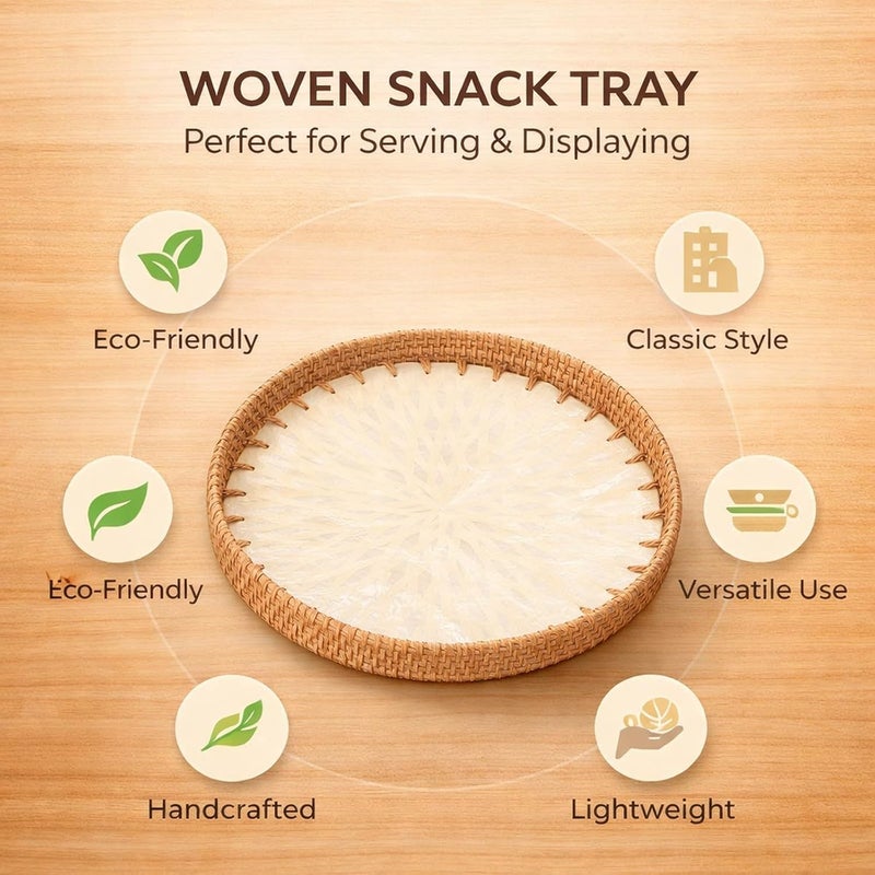 Woven Snack Serving Tray, Handmade Rattan, 30cm and 35cm Round, Traditional Art Style - Decorative Coffee Table Tray, Small Tea Tray, Versatile for Snacks and Fruit (White) - Image 3