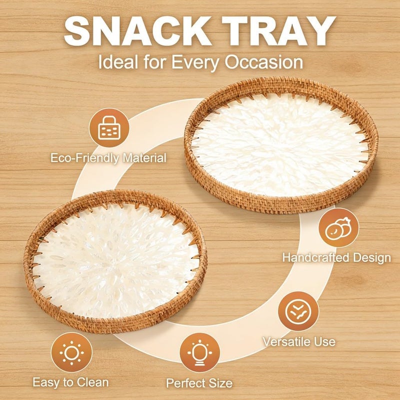 Woven Snack Serving Tray, Handmade Rattan, 30cm and 35cm Round, Traditional Art Style - Decorative Coffee Table Tray, Small Tea Tray, Versatile for Snacks and Fruit (White) - Image 5