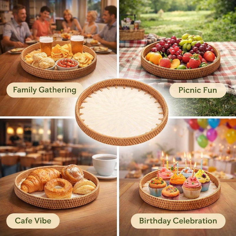 Woven Snack Serving Tray, Handmade Rattan, 30cm and 35cm Round, Traditional Art Style - Decorative Coffee Table Tray, Small Tea Tray, Versatile for Snacks and Fruit (White) - Image 4