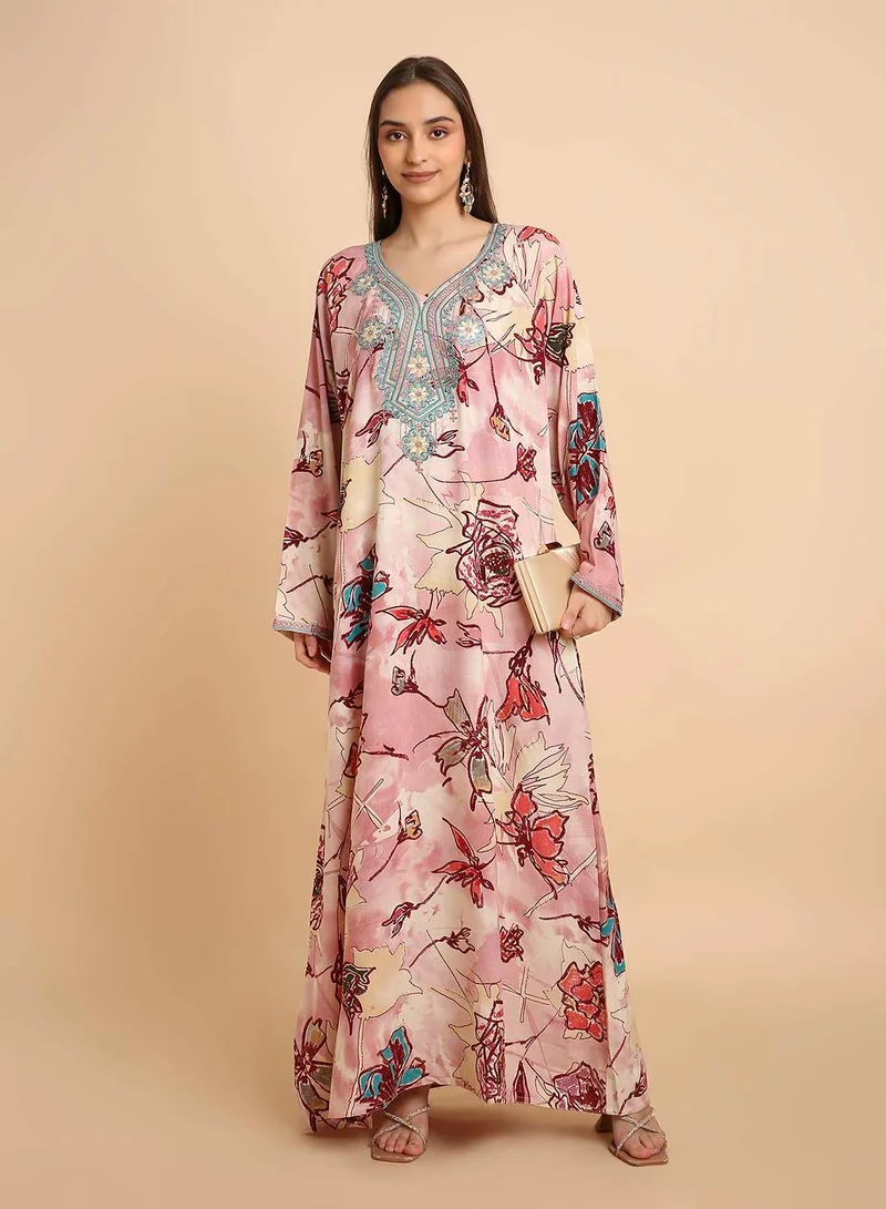 HANA & SARA Womens Printed Arabic Jalabiya Dress with Flowing Full Length Fit