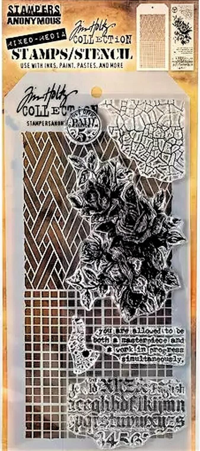 Tim Holtz Collection Stampers Anonymous Tim Holtz Basketweave Checkerboard Vintage Roses Mixed Media Stamp and Stencil Set THMM119
